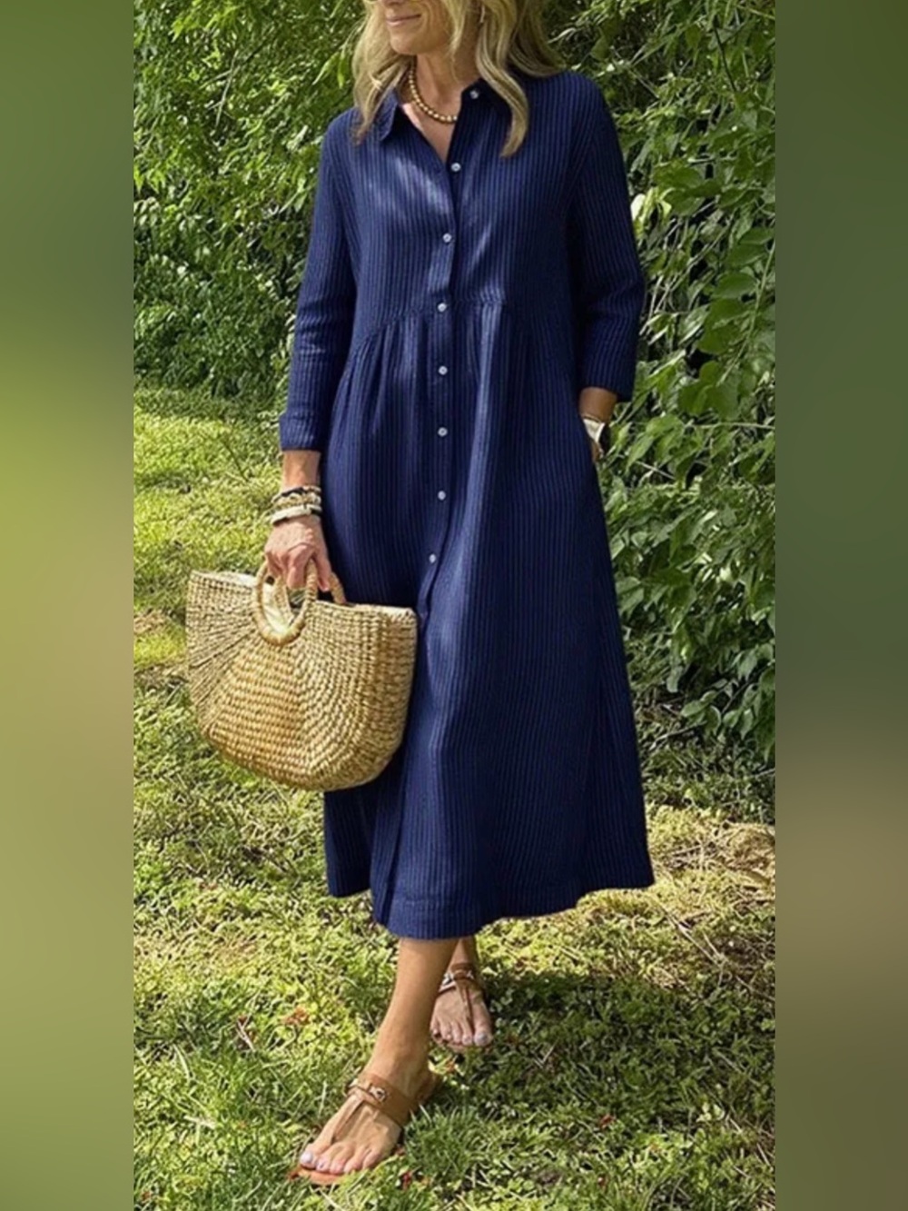 Button-Front Navy Midi Shirt Dress